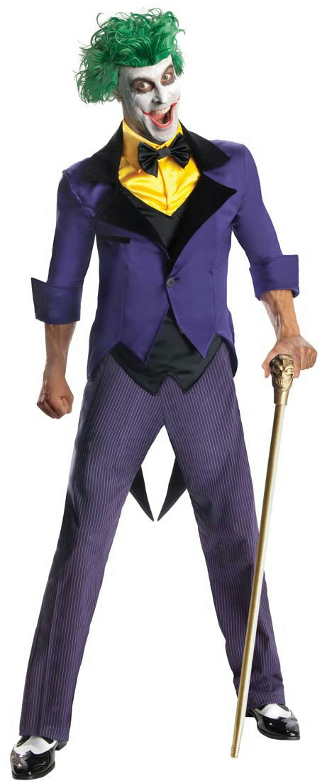 Joker adult costume set with purple suit, green wig, white face makeup, yellow bow tie