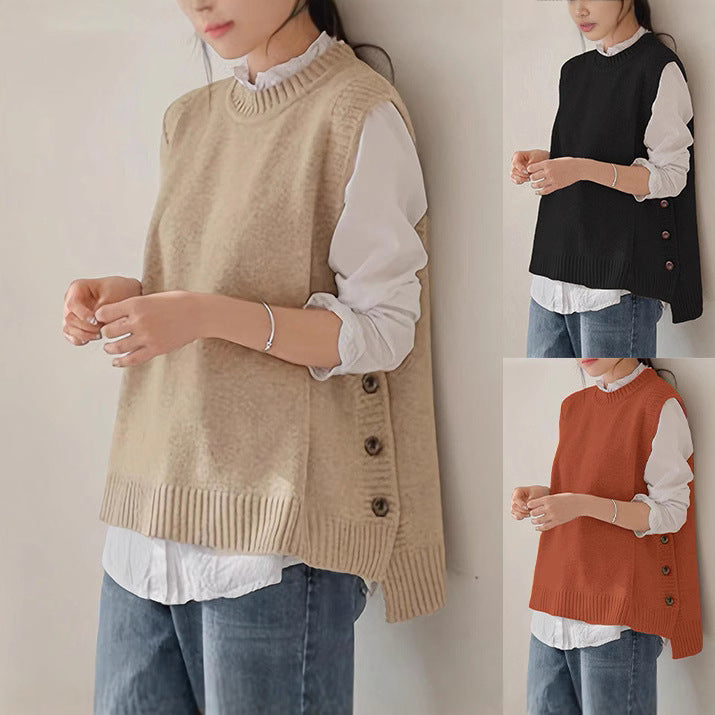 Sleeveless sweater vest in apricot, black, and rust; ribbed neck and button-front