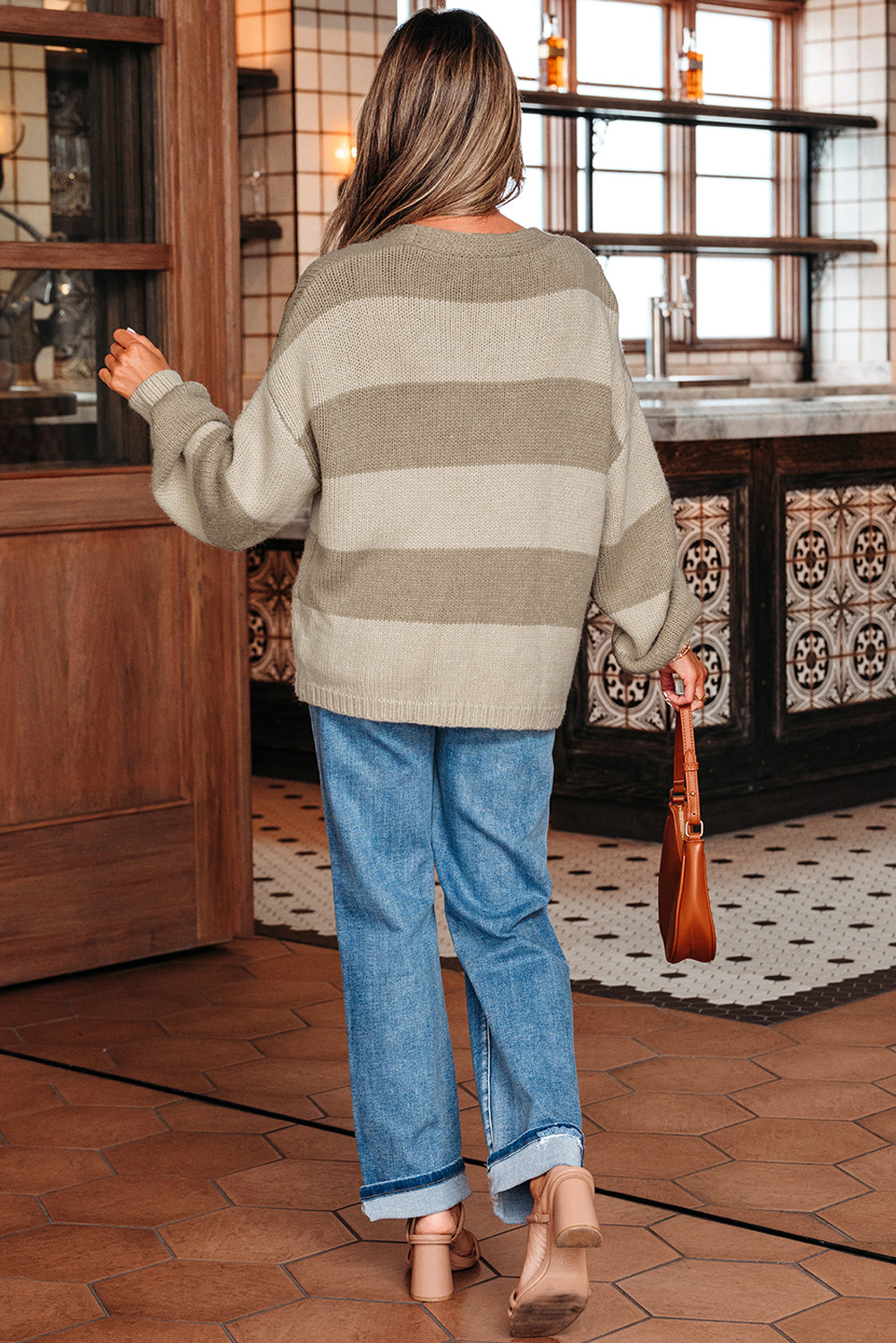 Khaki striped colorblock sweater cardigan, back view with ribbed hem and cuffs