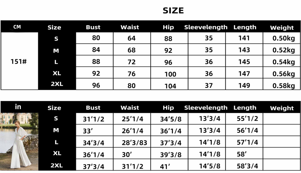 Size chart for jumpsuit dress: bust, waist, hip, sleeve length, length, weight (cm/in)