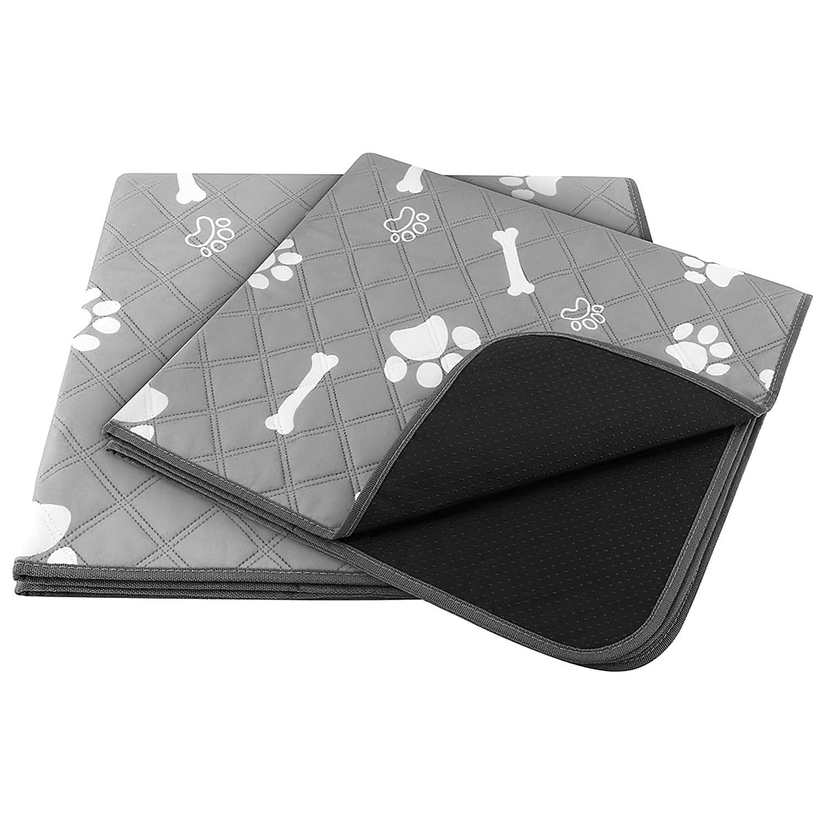 Stacked grey pet potty mats with white paw prints and dark absorbent backing