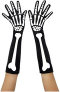 Elbow-length skeleton bone print gloves, black with white bone motifs