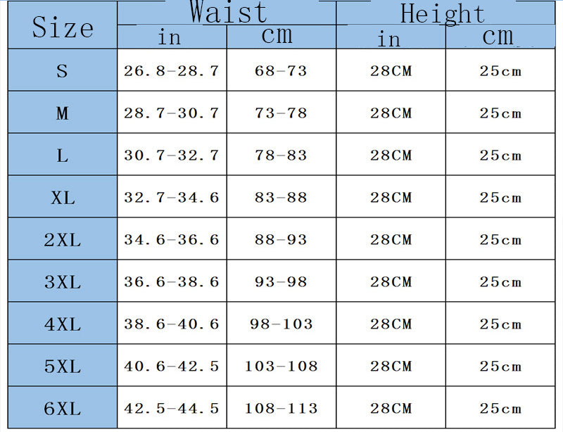 Size chart for fitness waist belt showing waist and height ranges for S to 6XL
