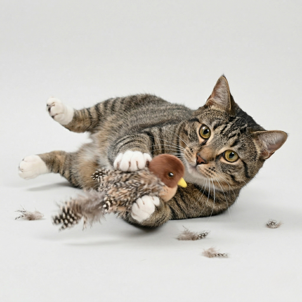 Sparrow-style plush cat toy with feathered wings, held by a cat paw
