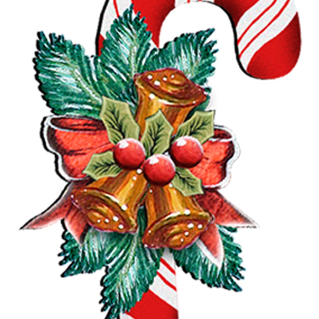 Christmas candy cane outdoor decor with bells, bow, and holly