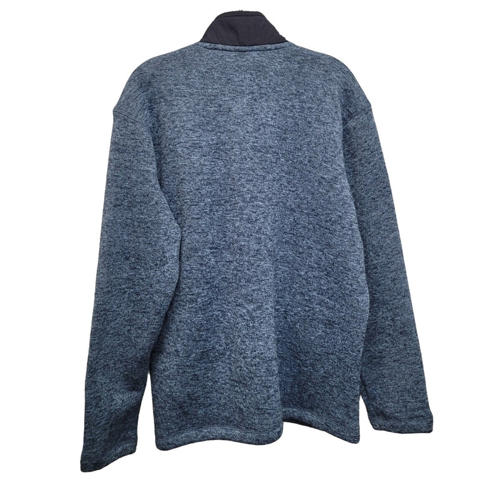 Men's blue heather quarter-zip pullover knit sweater, long sleeves, back view