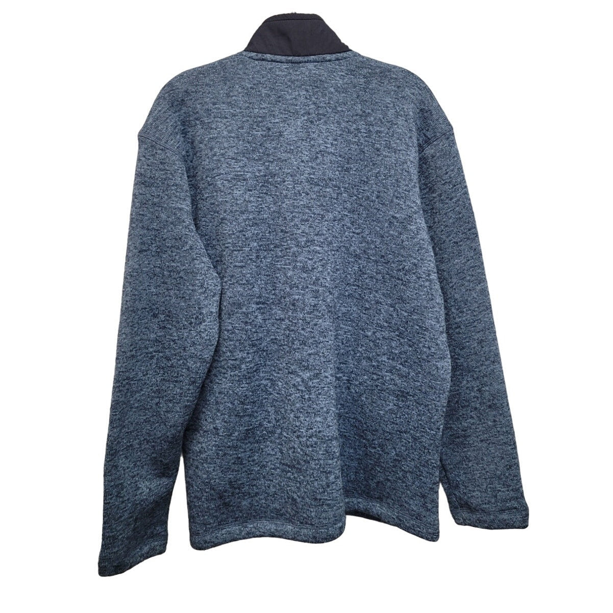 Men's blue heather quarter-zip pullover knit sweater, long sleeves, back view