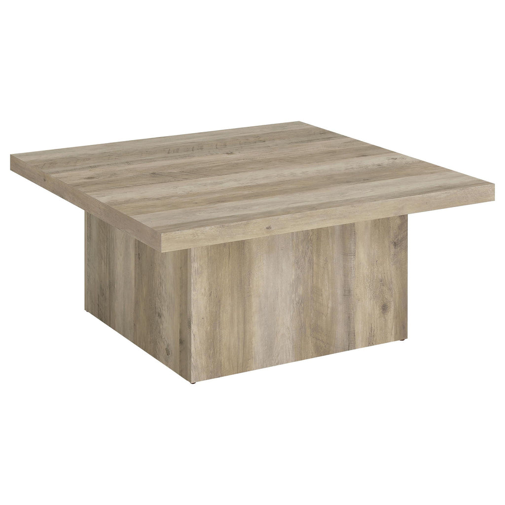 Distressed pine engineered wood square coffee table with thick beveled edges