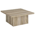 Distressed pine engineered wood square coffee table with thick beveled edges