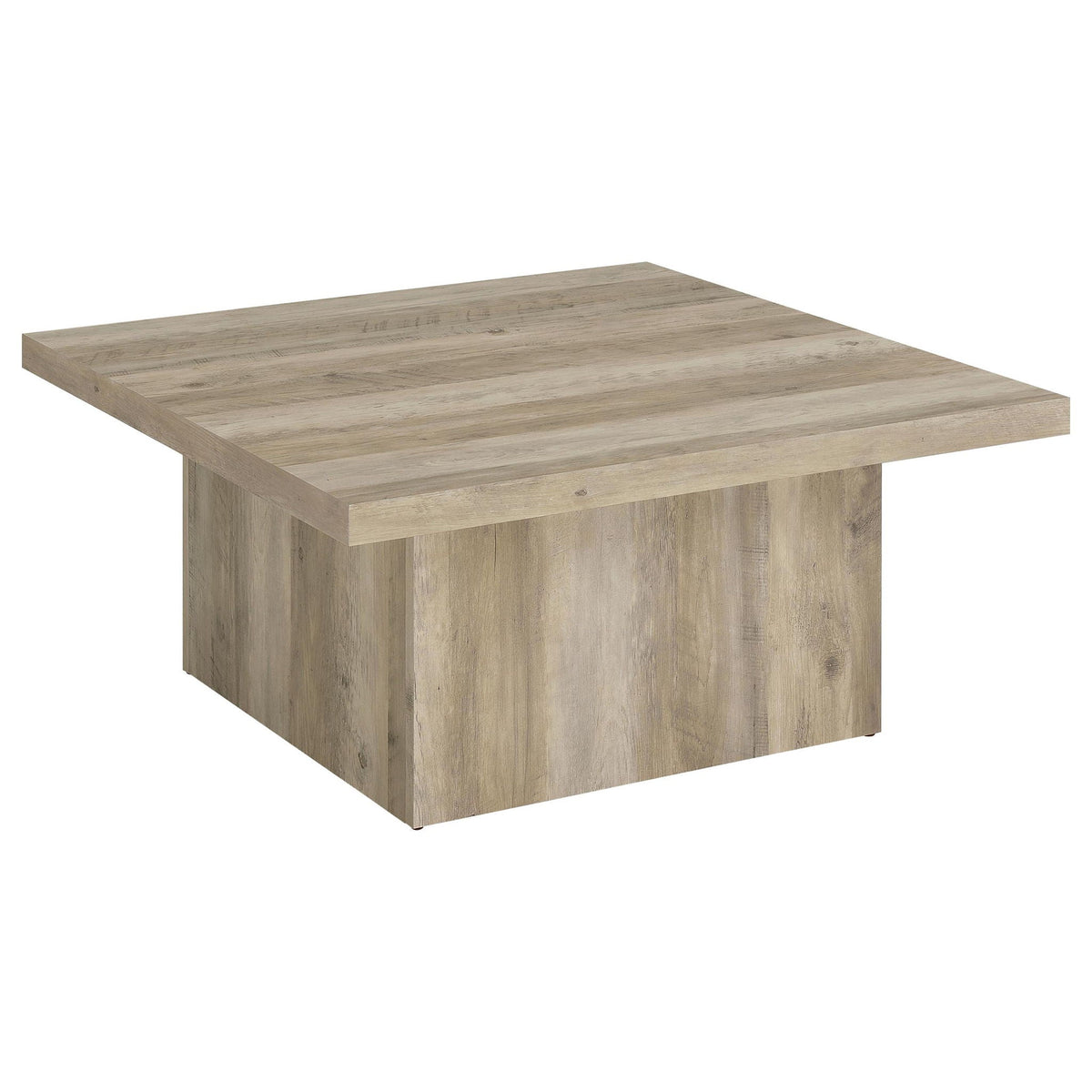Distressed pine engineered wood square coffee table with thick beveled edges