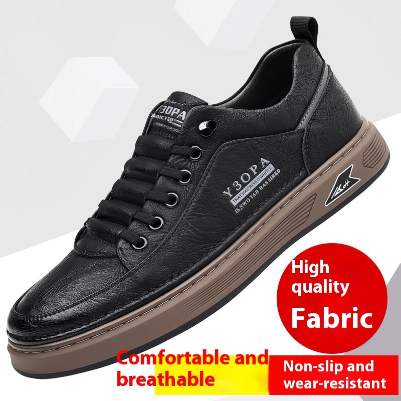 Black leather lace-up flat shoes with cushioned sole, side view