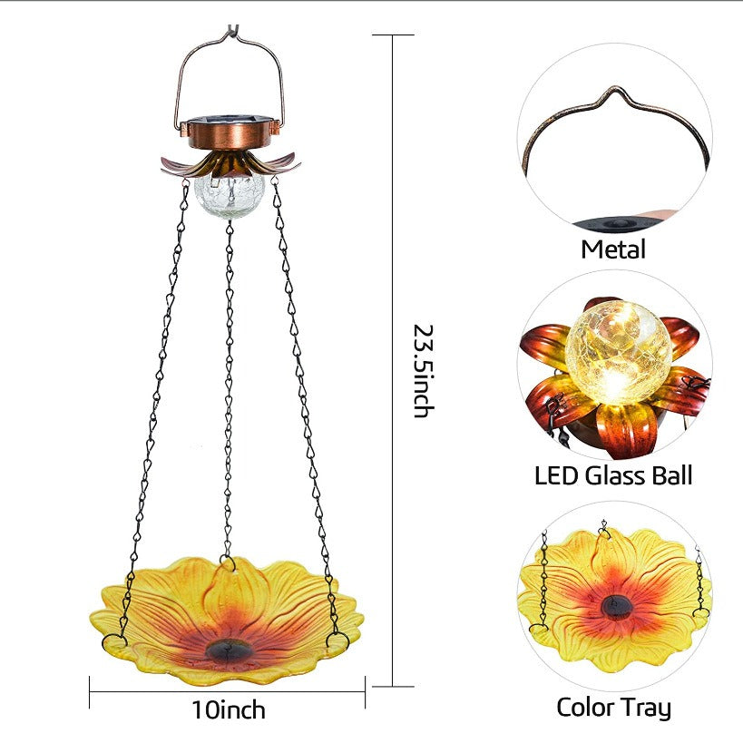 Solar hanging bird feeder with sunflower tray, clear glass LED ball, metal chain