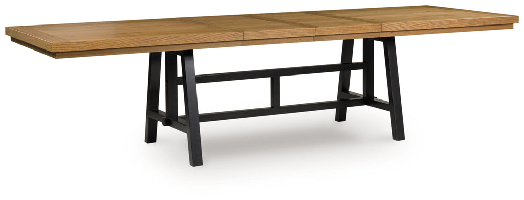 Rectangular dining table with brown wood-look top and black metal legs
