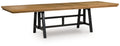 Rectangular dining table with brown wood-look top and black metal legs