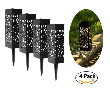 4-pack black solar pathway lantern lights with geometric cutouts and ground stakes
