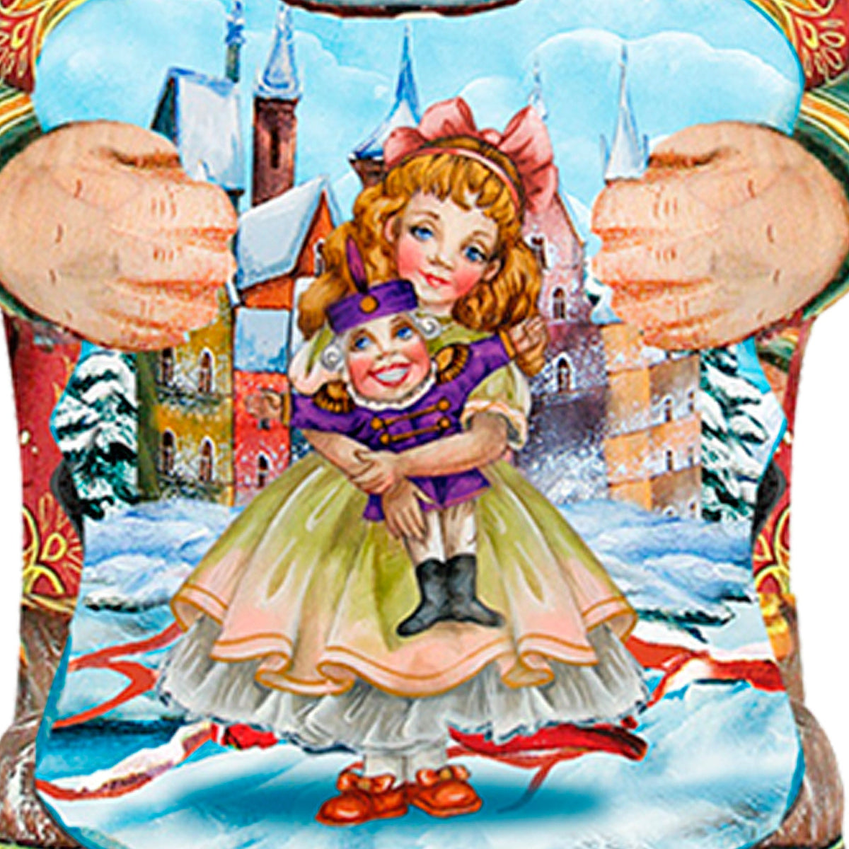 Painted nutcracker holiday figure with red coat and green skirt, holding a child