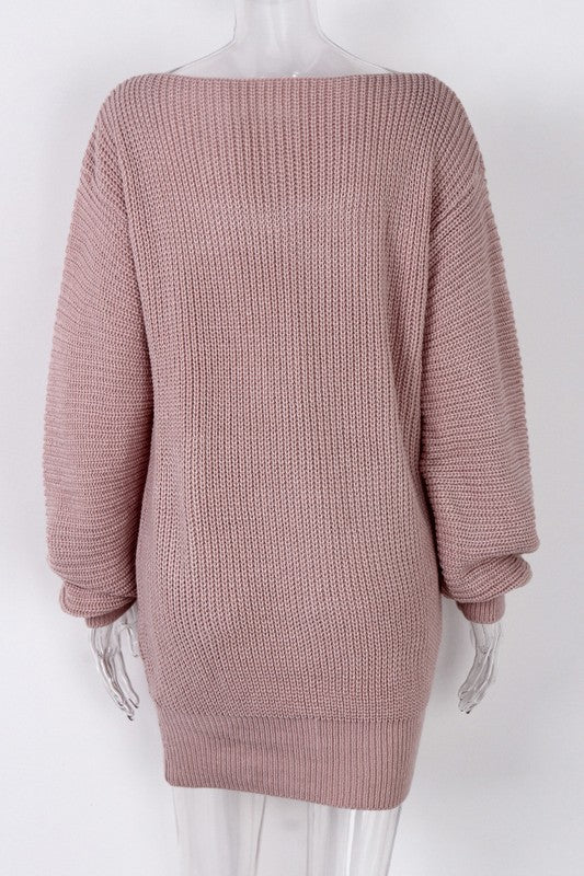 Mauve knit sweater dress with boat neckline and long cuffed sleeves