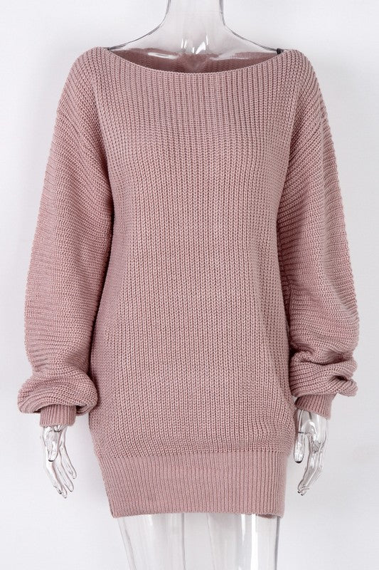Blush pink knit sweater dress with boat neckline and loose long sleeves