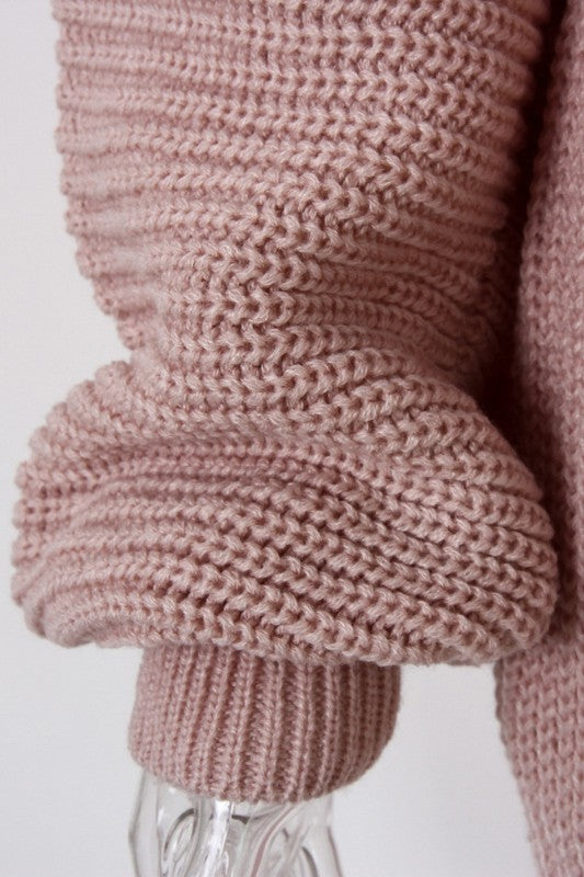 Mauve knit sweater dress sleeve cuff and ribbed hem detail