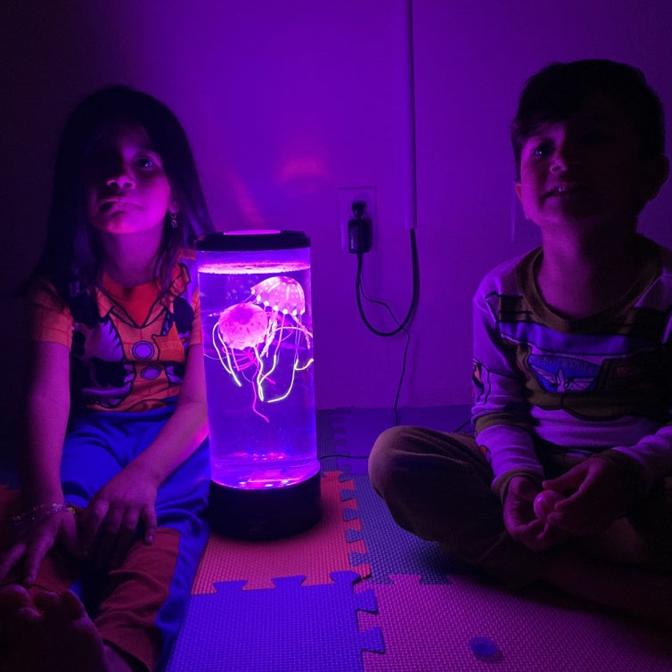 USB LED jellyfish aquarium night light glowing purple with jellyfish figures, black base
