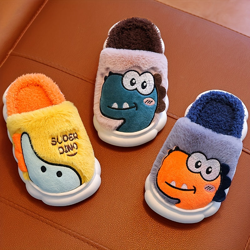 Girls' dinosaur slippers, plush pair in yellow, dark blue, and grey with cute dino faces