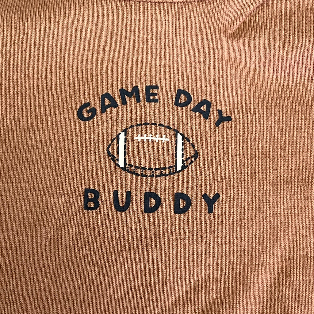 Brown bodysuit chest graphic: “GAME DAY BUDDY” with football design.