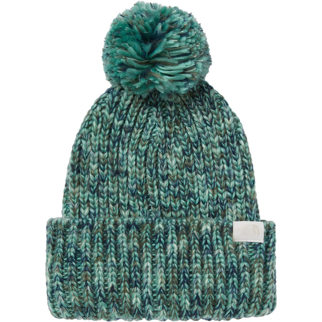 The North Face women's chunky knit beanie in teal with ribbed cuff and pom-pom