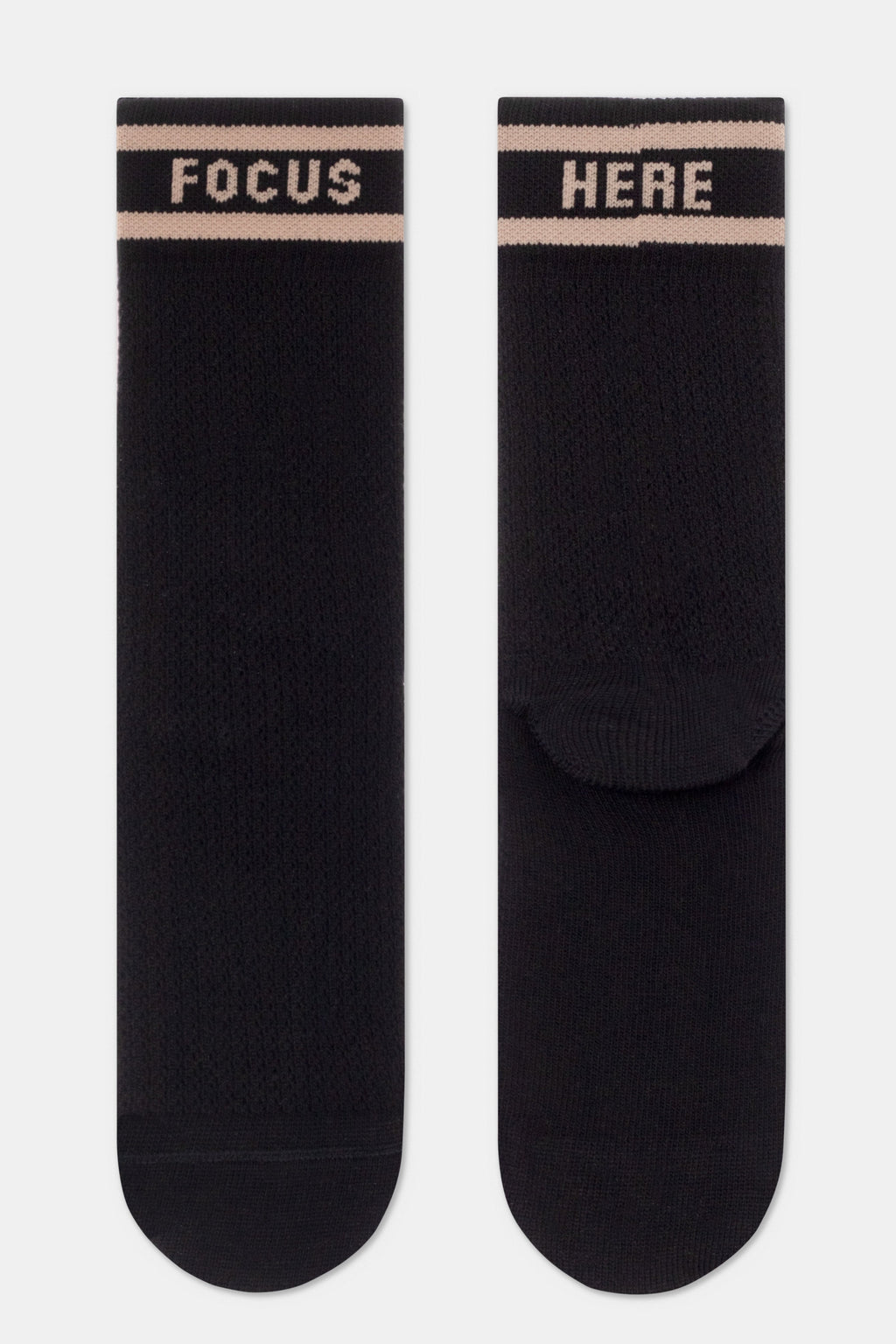 Black long cotton socks with 'FOCUS' and 'HERE' striped cuff bands