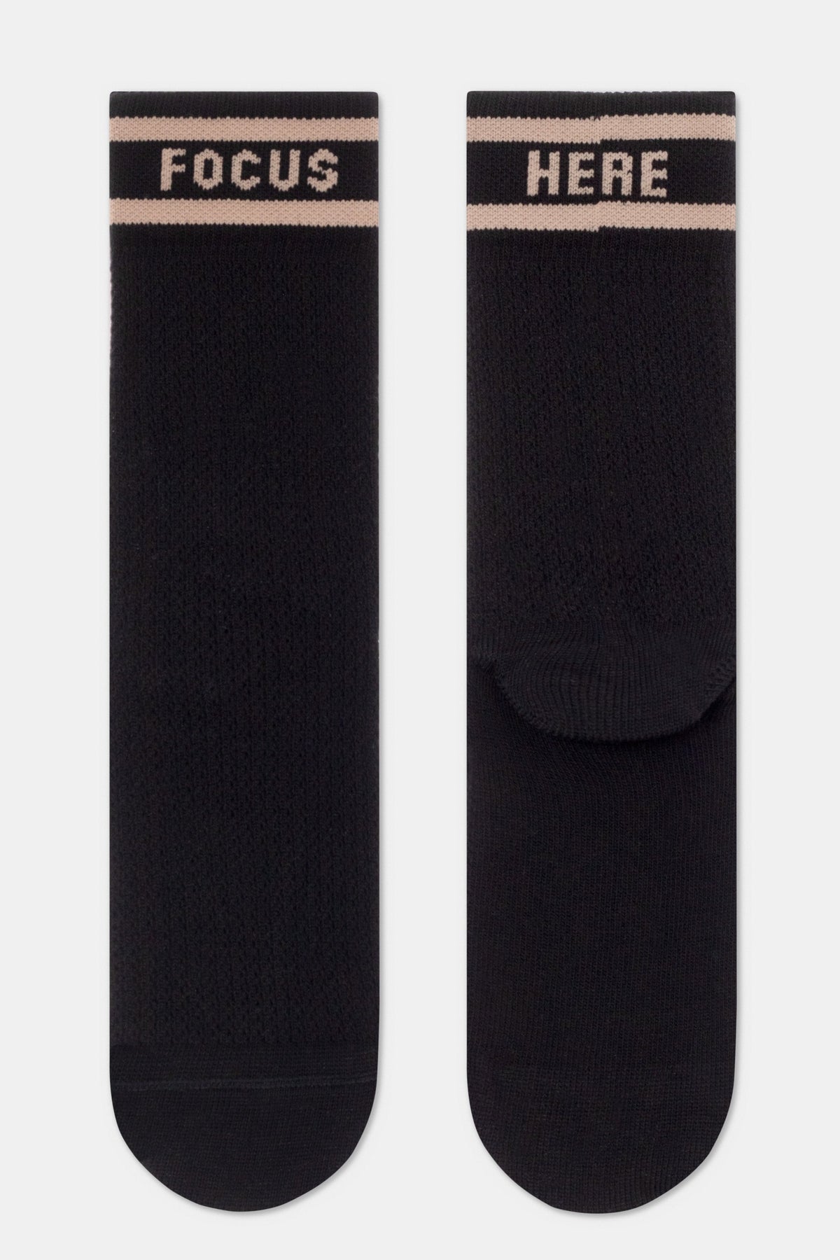 Black long cotton socks with 'FOCUS' and 'HERE' striped cuff bands