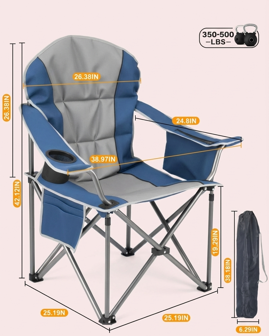 Blue folding camping chair with padded seat, armrests, and cup holder opening