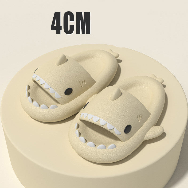 Cream shark slide sandals, open toe with white tooth print and molded fin shape