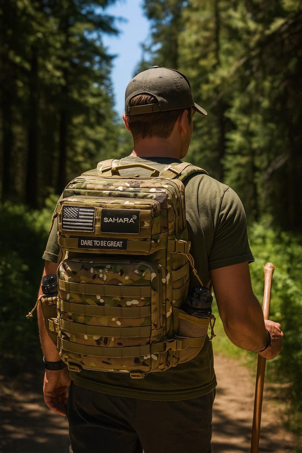 Camouflage travel backpack worn on back with front panel pockets and adjustable shoulder straps.