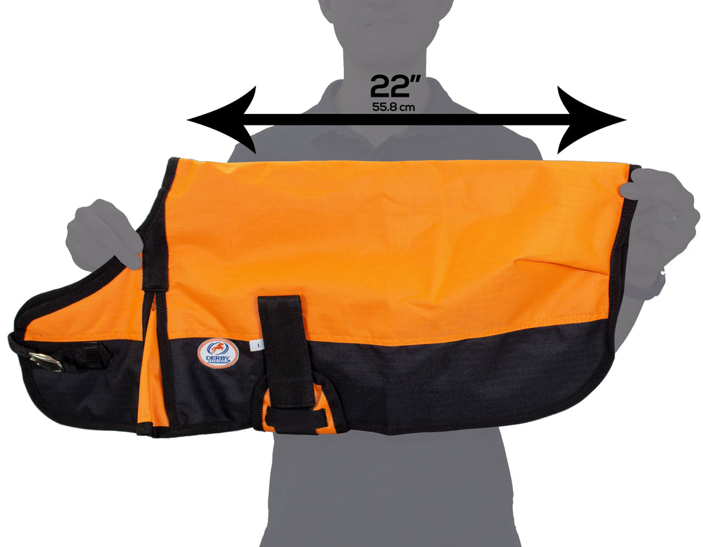 Orange and black waterproof winter dog coat with belly panel and strap fastener