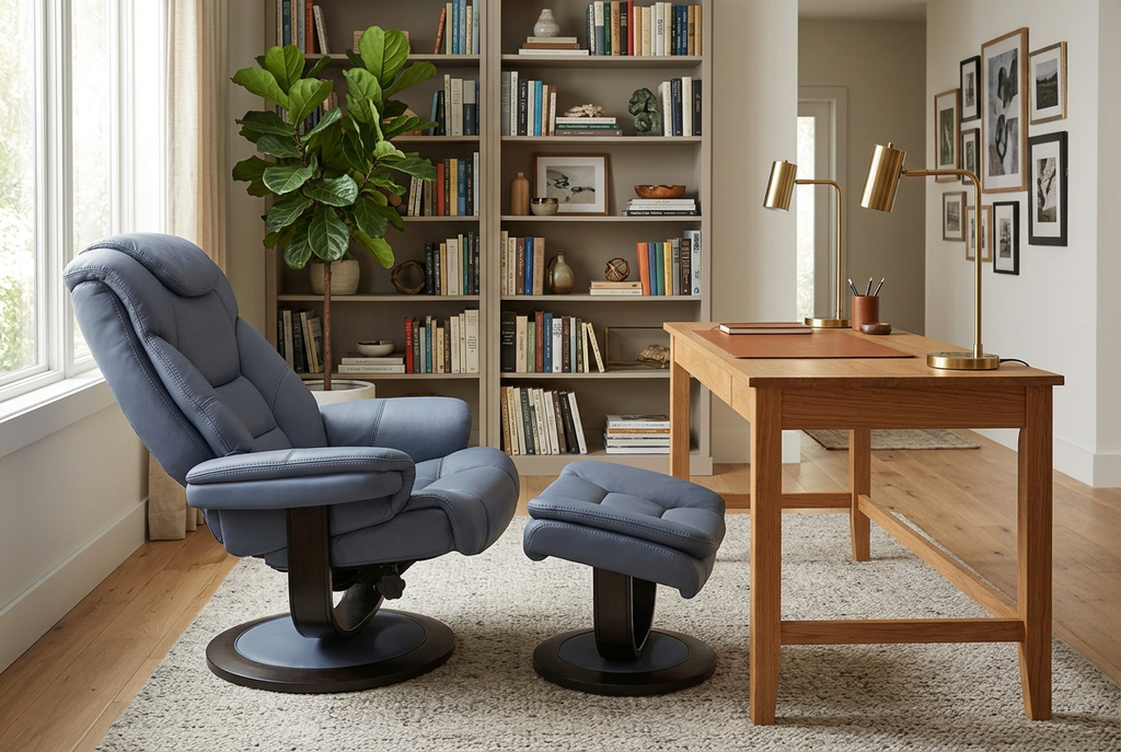 Blue euro recliner and matching ottoman, swivel base with tufted cushions