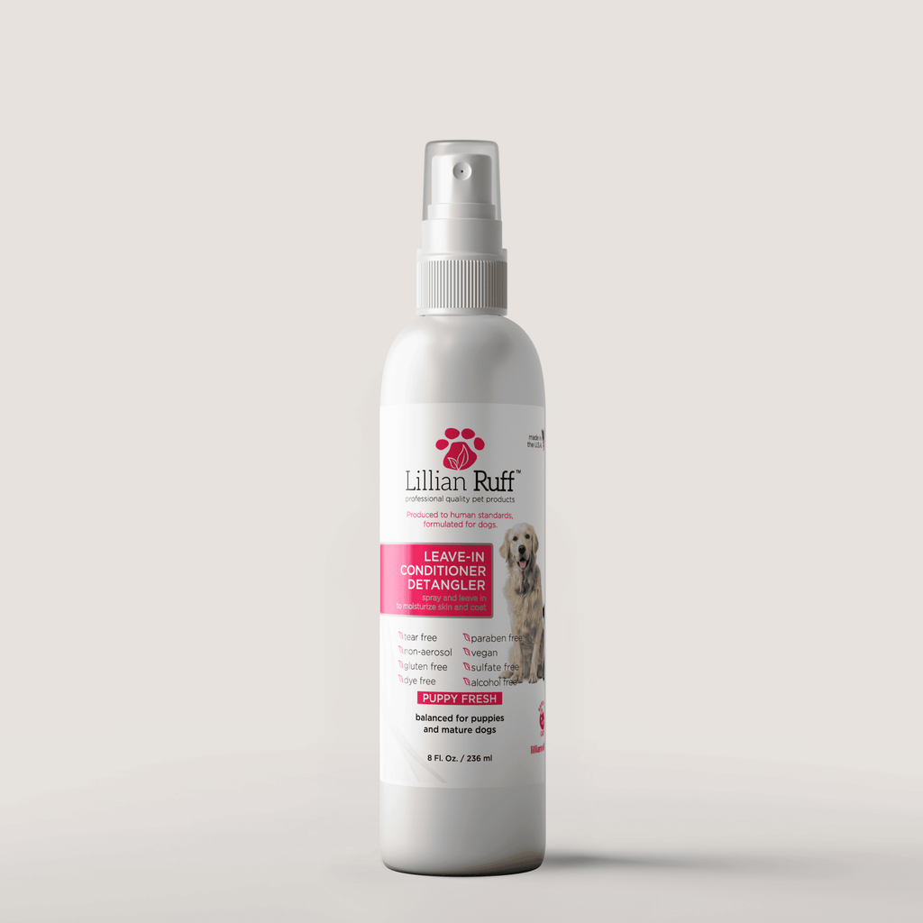Leave-in conditioner detangler bottle for puppies, white with pink label