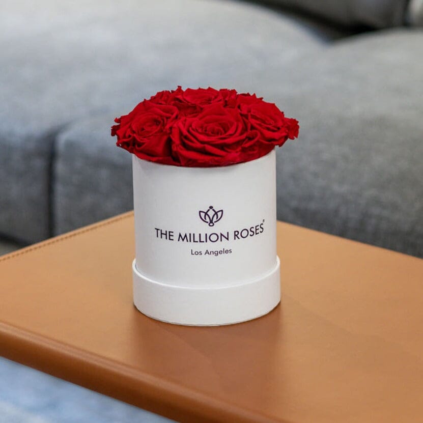 White cylindrical gift box with red roses, side view