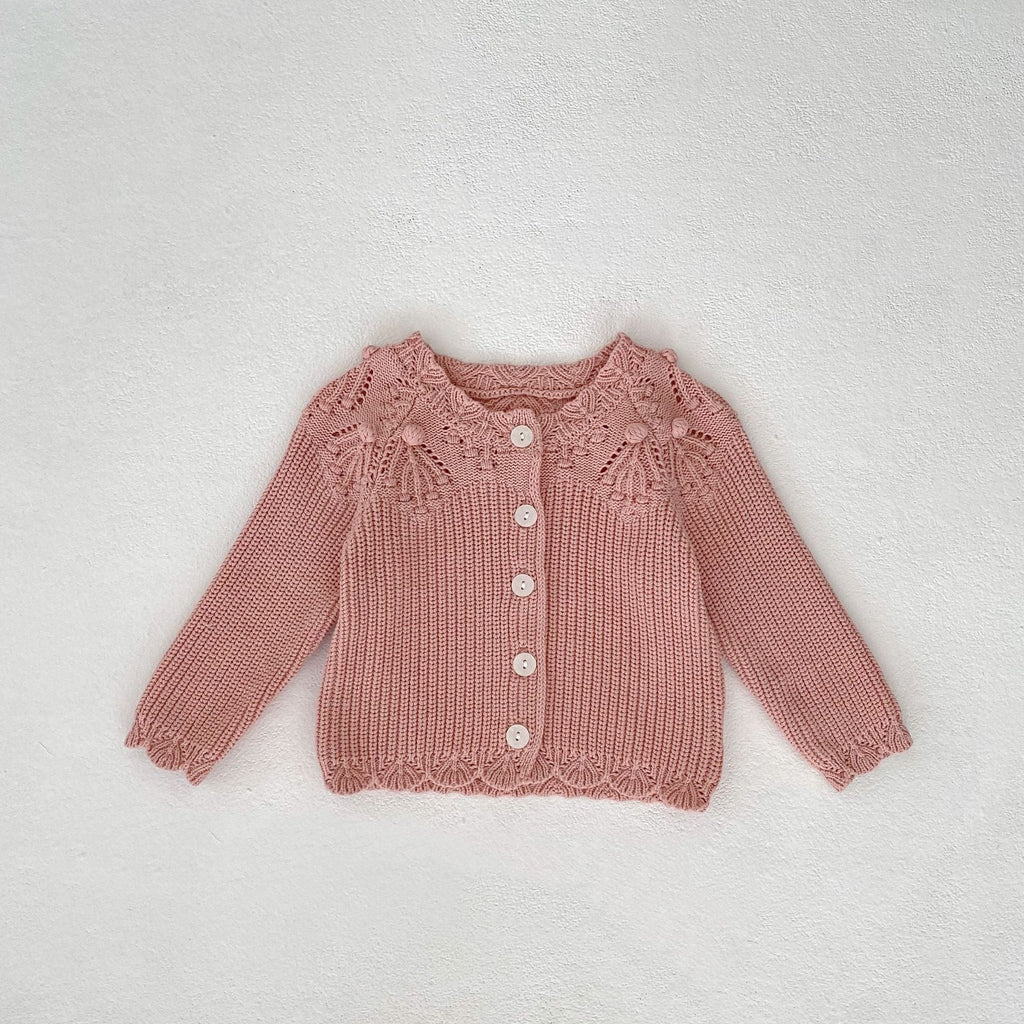 Pink knitted lace wool baby cardigan, button-front long sleeves