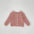Pink knitted lace wool baby cardigan, button-front long sleeves