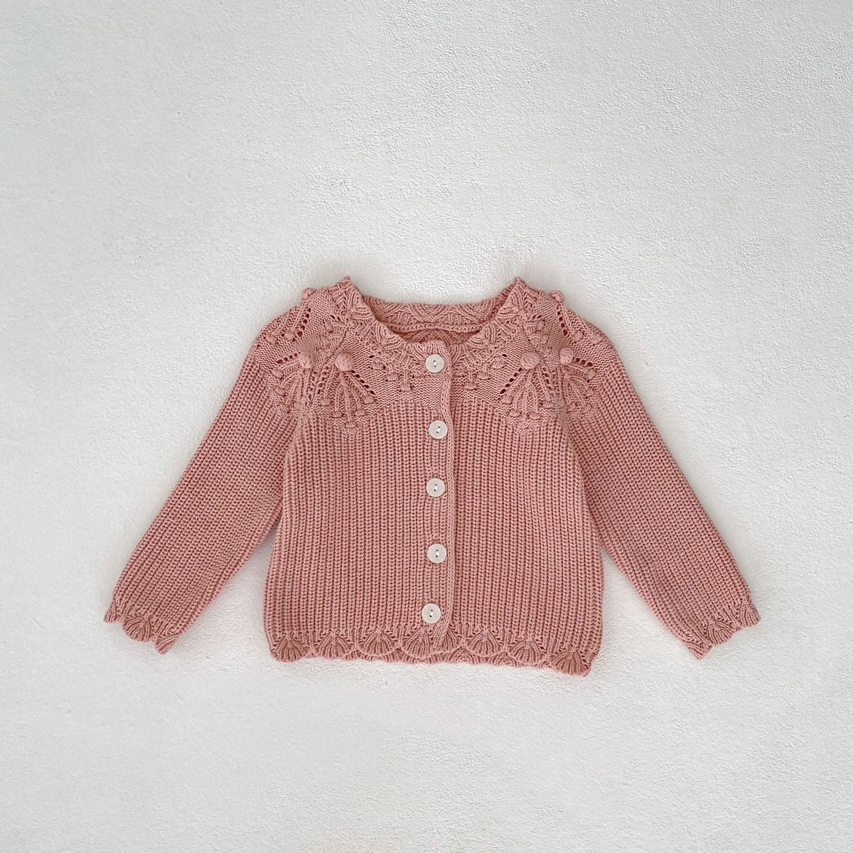 Pink knitted lace wool baby cardigan, button-front long sleeves