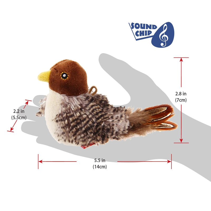 Feather plush bird cat toy with brown head, patterned body, and curled feather tail