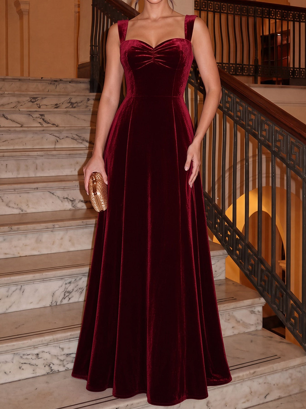Women's wine red evening dress, sleeveless sweetheart neckline with gathered bust