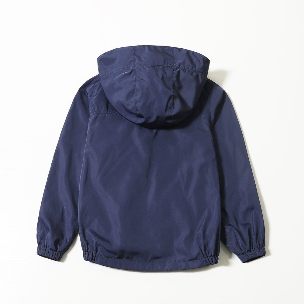 Kids navy hooded jacket with back hood and elasticated sleeve cuffs