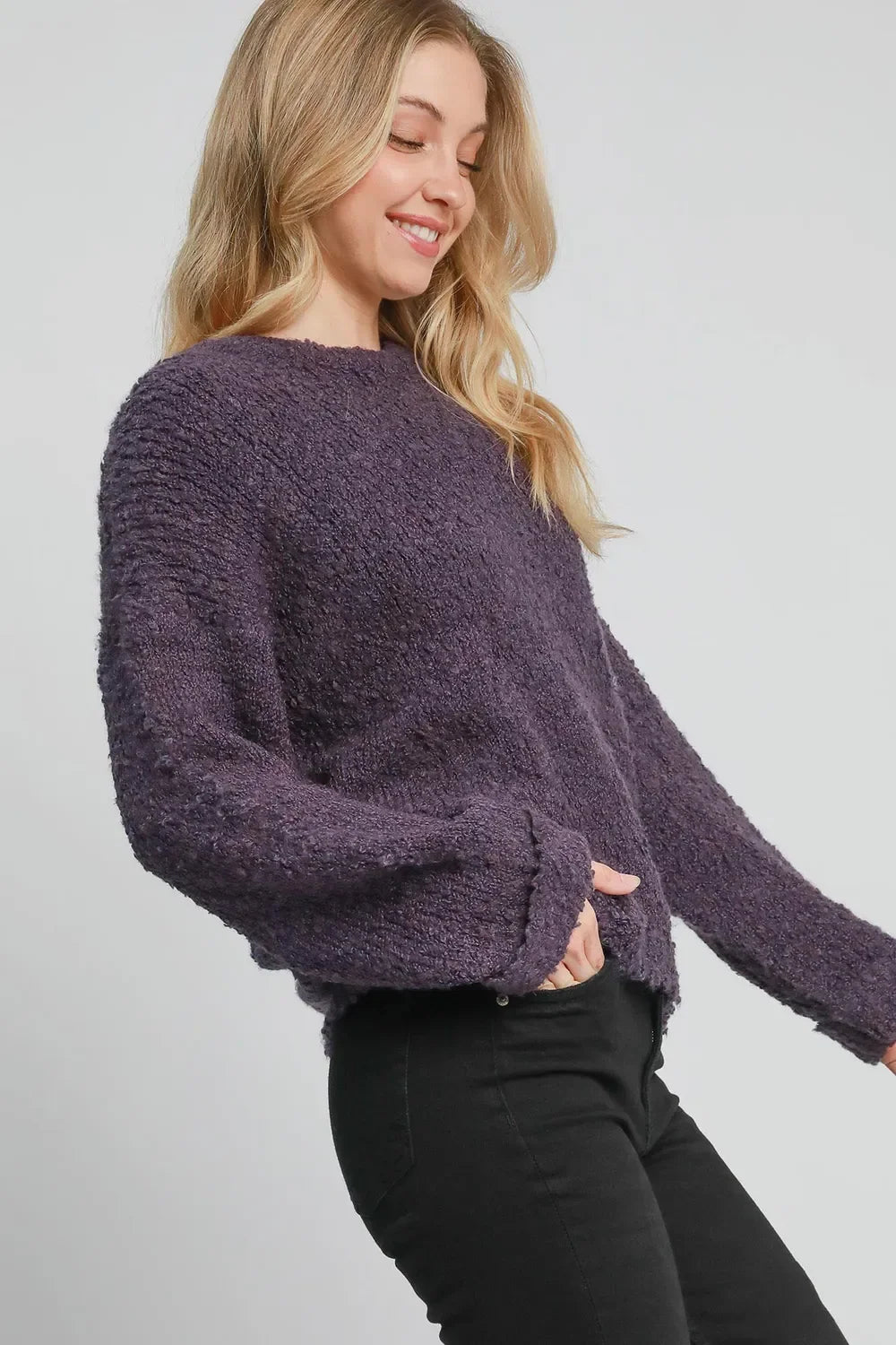 Mauve boucle plus size sweater, long sleeves and relaxed crew neck