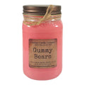 Pink gummy bears scented soy wax candle jar with twine bow and label