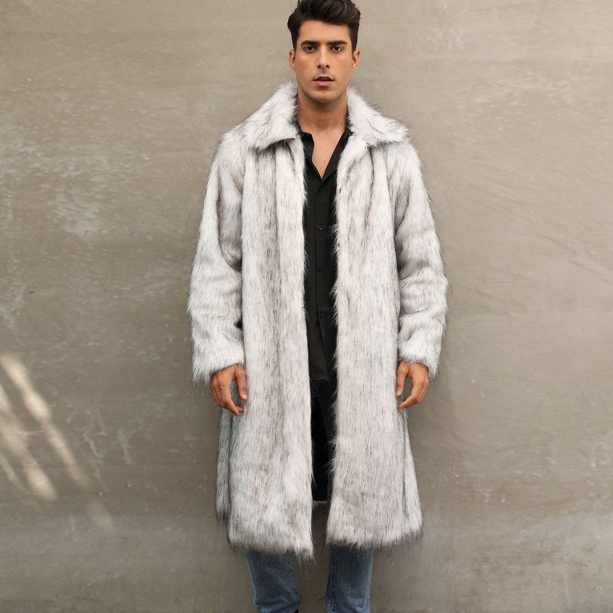 Mens long faux fur coat, light gray and white with open front