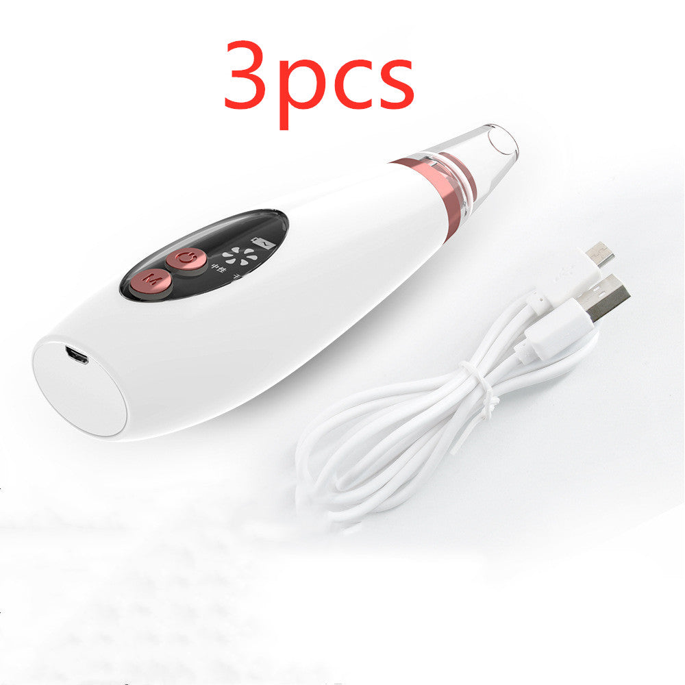 Rechargeable blackhead remover device with USB cable, white body, 3-piece set.