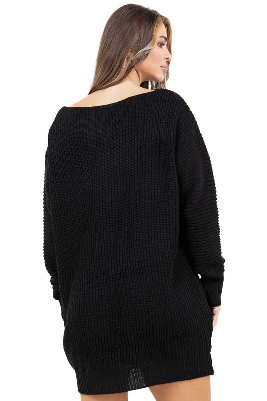 Black knit sweater dress back view with long sleeves and textured knit