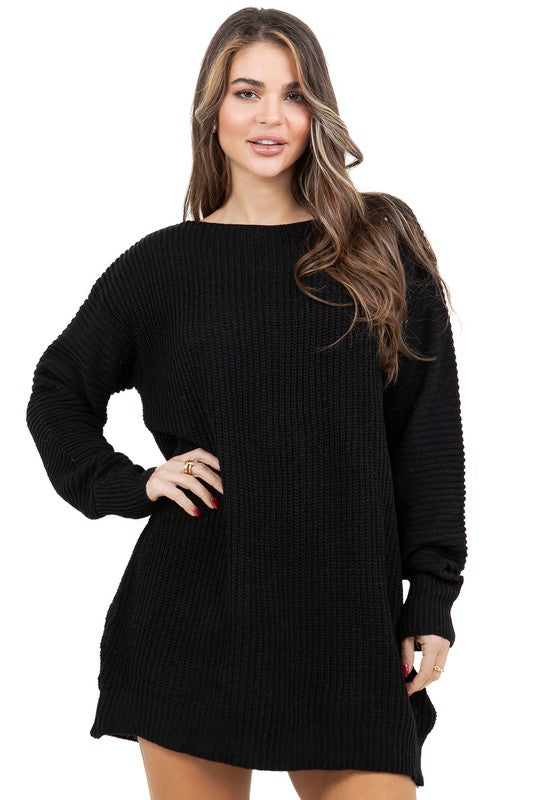 Black knit sweater dress with long sleeves and curved short hem