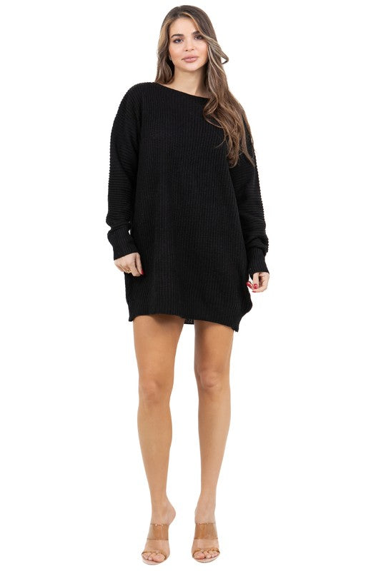 Black knit sweater dress with long sleeves and short hem