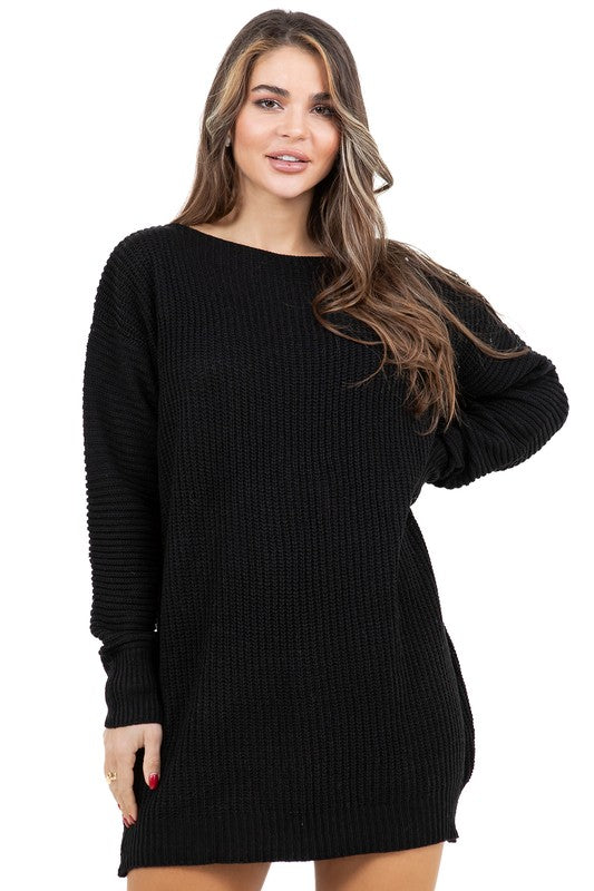 Black knit sweater dress with long sleeves and wide neckline